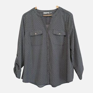 Women's 2X Black White Pattern Work Casual Button Roll Tab PLUS Soft Blouse